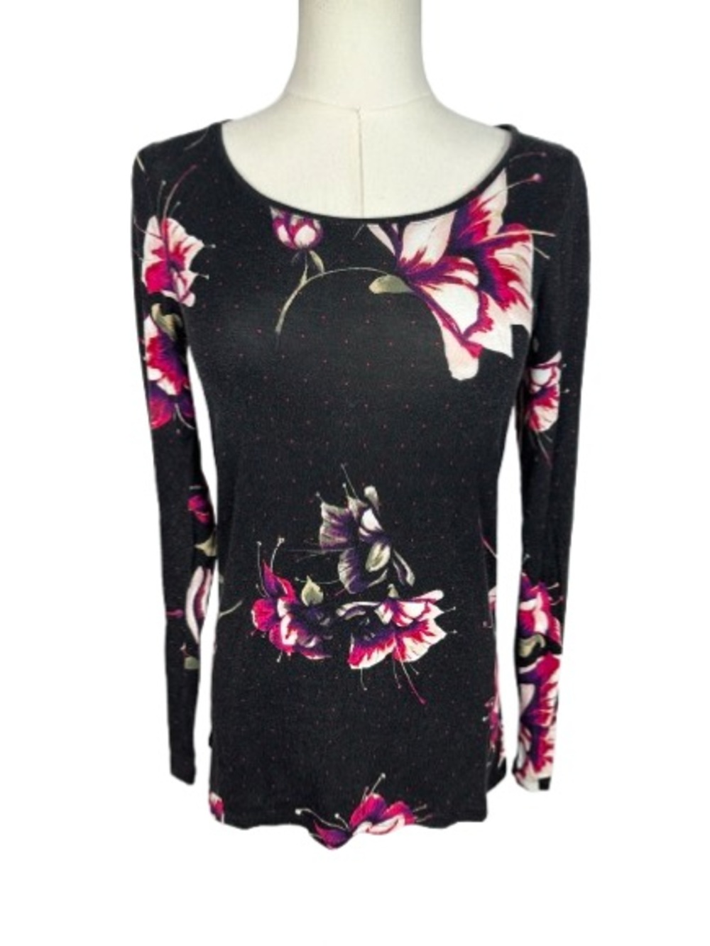 White House Black Market Black Floral Scoop Neck Long Sleeve Top
